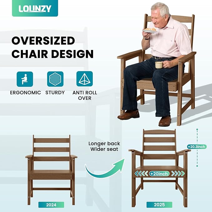 LOUNZY 9 Pieces Patio Dining Sets, Outdoor HDPE Furniture Set for 8 w/ 2" Hole Cut-Out Dining Table with 8 Patio Chairs(2 W/Armrest, 6 w/o Armrest), Brown