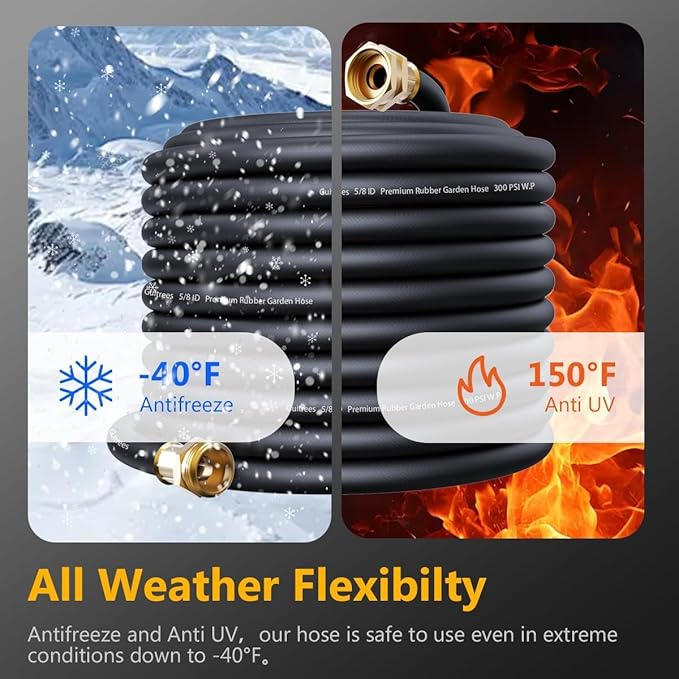 Garden Hose 75FT x 3/4”, Heavy Duty Rubber Hose, Water Hose with Five-Layered Braiding, Hot/Cold Water, 1000PSI Burst, 200PSI Working (Black)