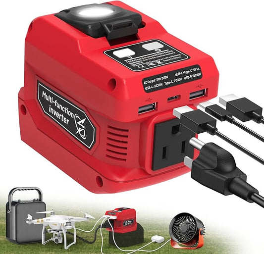 220W Power Inverter Compatible with Milwaukee 18V Battery, DC 18V to AC 110V Battery Inverter, Power Station Generator with 1 AC Outlet, 2 USB Ports & 1 Type-C Fast Charging, 400LM LED Work Light