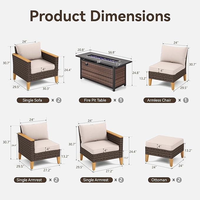 GREEN PARTY 9 Pieces Wicker Patio Furniture Set with 56" Fire Pit Table, All-Weather Outdoor Rattan Patio Sectional Sofa Conversation Set 9 Seats with 4" Thick Cushions for Garden, Backyard