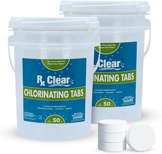 Rx Clear 3" Inch Chlorine Tabs | 100 Pounds | Individual Stabilized Chlorinating Tablets for Sanitizing Swimming Pools | Long Lasting, Slow Dissolving, and UV Protected (2 x 50 LB Buckets)