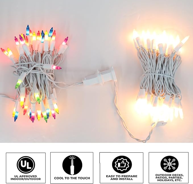 Vigdur 2 Packs 13ft 50 Multi-Color Christmas Lights on White Wire Cord, UL Approved Connectable Outdoor String Lights for Xmas Patio Home Party Garden Decor(Multicolor)