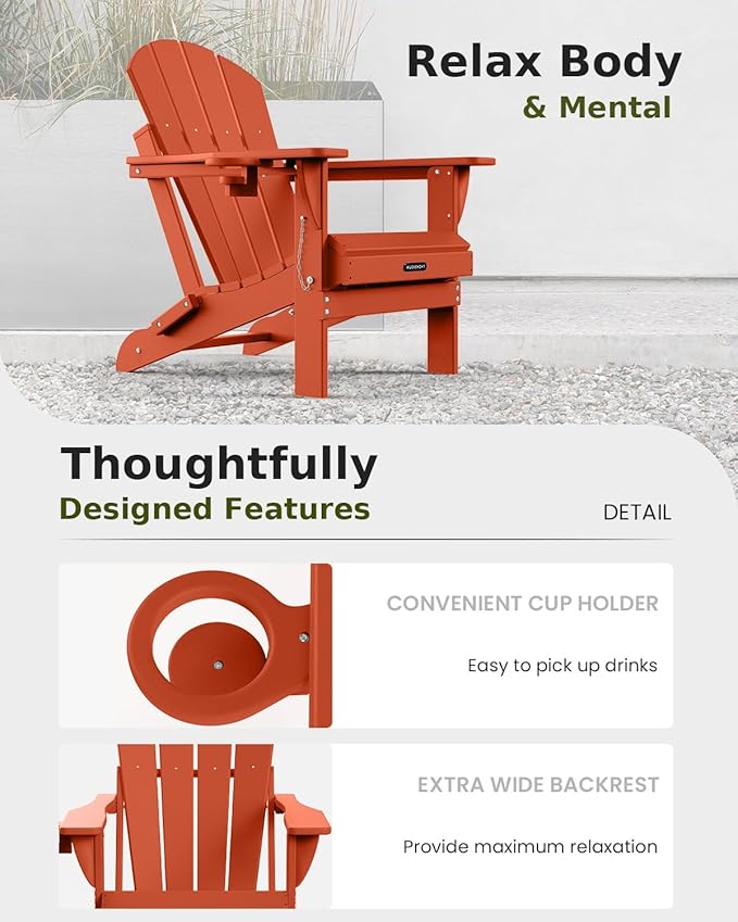 MUCHENGHY Folding Adirondack Chairs Set of 4, Patio Chairs, Lawn Chairs, Outdoor Chair, Adirondack Chair Plastic, Fire Pit, Weather Resistant with Cup Holder for Deck, Backyard, Garden(Orange)