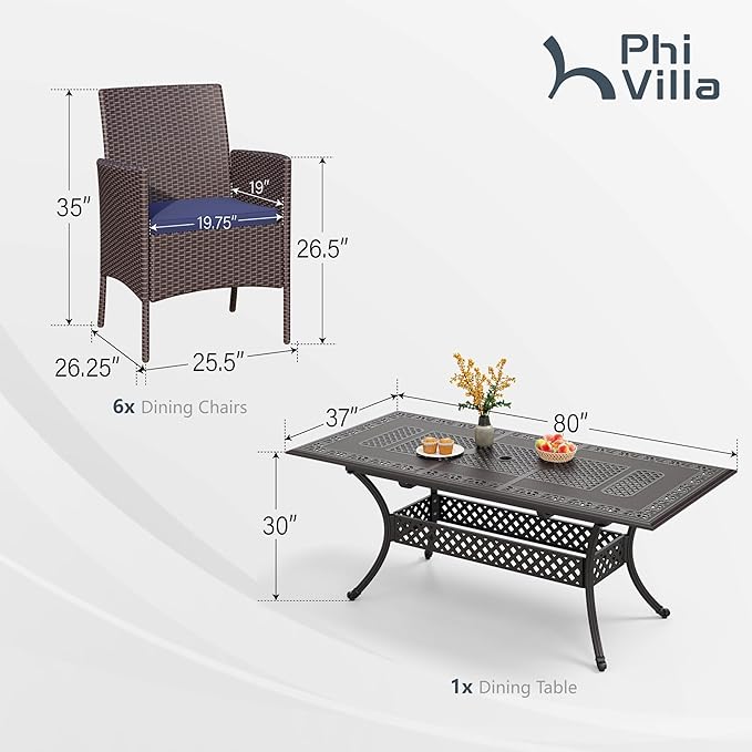 PHI VILLA 7 Pieces Outdoor Expandable Cast Aluminum Dining Set for 6, Extendable Metal Table with Umbrella Hole & Cushioned Wicker Chairs, Dining Furniture Set for Patio, Deck, Yard and Porch