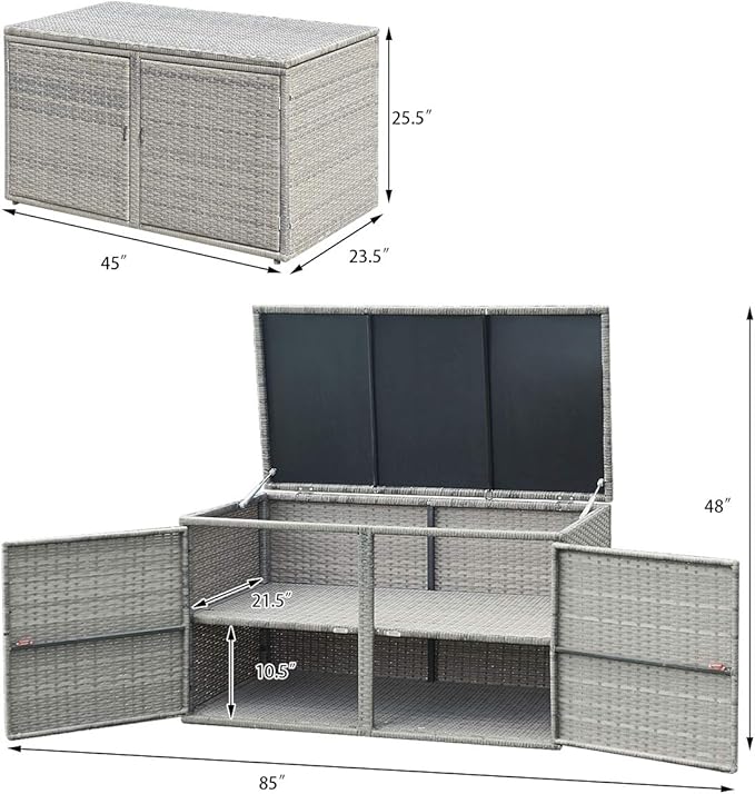 LDAILY Rattan Storage Box, Wicker Storage Box with 2 Shelves, Outdoor Deck Box, Backyard Garden Storage Box with Lid, Rattan Storage Box for Storing Accessories, Tools and Toys - Grey