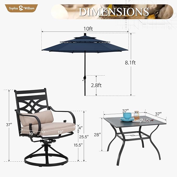 Sophia & William Swivel Patio Dining Set for 4 | 10ft Patio Umbrella Navy Blue | Removable Seat Cushions | Black 37" Patio Dining Table