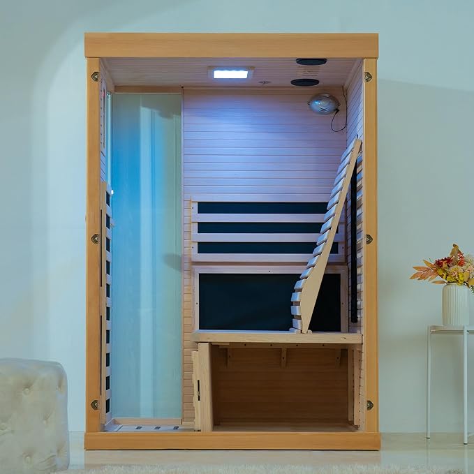 Woodbridge Infrared Home Sauna Room 1 Person Hemlock Wooden Indoor Sauna,7 Carbon 1560W/120V Heaters,with Led Color Therapy Light,Bluetooth Speaker,Tempered Glass,Touch-Tone Keypad and A Top Vent