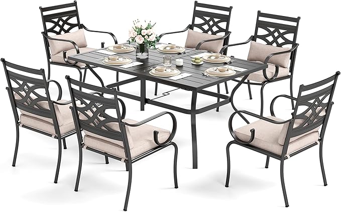 Sophia and William Outdoor Patio Dining Set for 6, Outdoor Table and Chairs, Removable Seat Cushions, 60" Black Patio Dining Table