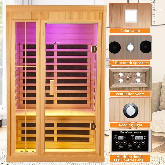 1 to 2 Person Infrared Sauna,Hemlock Wood Low EMF FAR Dry Sauna Indoor Saunas for The Home Remote Control, with Colored Lights 1350W,Room:75.59 * 35.82 * 40Inch