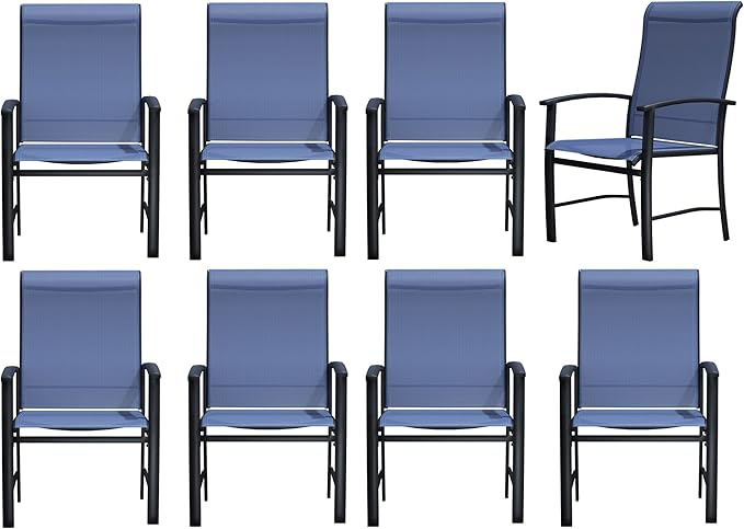 Outdoor Dining Chairs Set of 8, Stackable Patio Chairs with Metal Frame & Textilene Fabric, Perfect for Patio Garden Deck, Blue