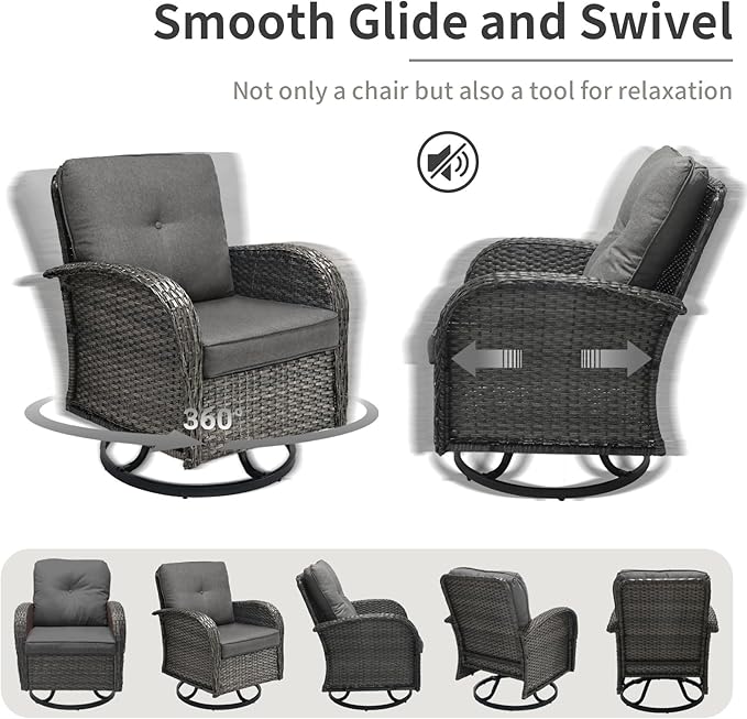 3 Pieces Patio Furniture Set, Outdoor Swivel Rocking Chair Set of 2 with Side Table - 360° Swivel, Thick Cushions, All-Weather Bistro Set for Deck, Porch, Pool(Grey, Grey Full-Weave Rattan)