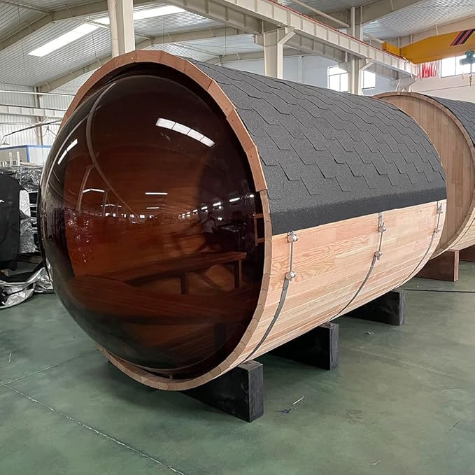 Outdoor Barrel Steam Sauna with Panoramic View, Canadian Red Cedar Wood Sauna for 4-6 Person, 6KW Heater, Rocks, 8mm Tempered Glass, Waterproof System
