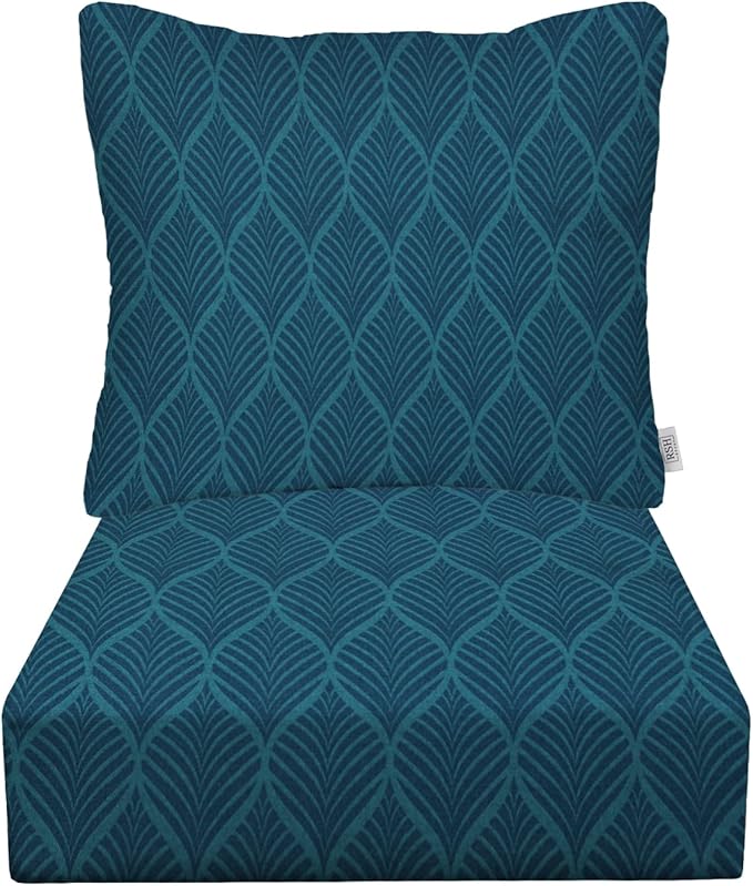 RSH DECOR: Deep Seating Cushion with Pillow Back | 25” x 25” Seat | Water and Fade-Resistant Spun Fabric | Outdoor Chair Cushion Set for Patio Furniture | Fenbrook Blue