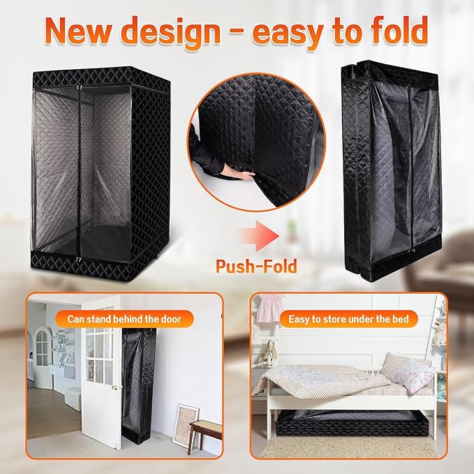 New UpgradeRed Light Collapsible Fridge Sauna Box for Relaxation,Detoxification,Portable Steam Sauna for Home with XL Steamer,16 Levels, 75”x 40”x40”，Double Doors，Larger Folding Chair, (Black)
