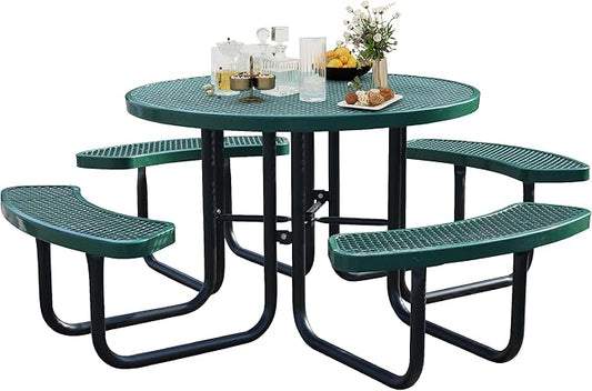8-Person Picnic Tables for Outdoors, Industrial 46" Expanded Metal Round Picnic Table with 4 Benches & Umbrella Hole, Outside Table and Bench Set for Park, Garden, Backyard, Patio, Green