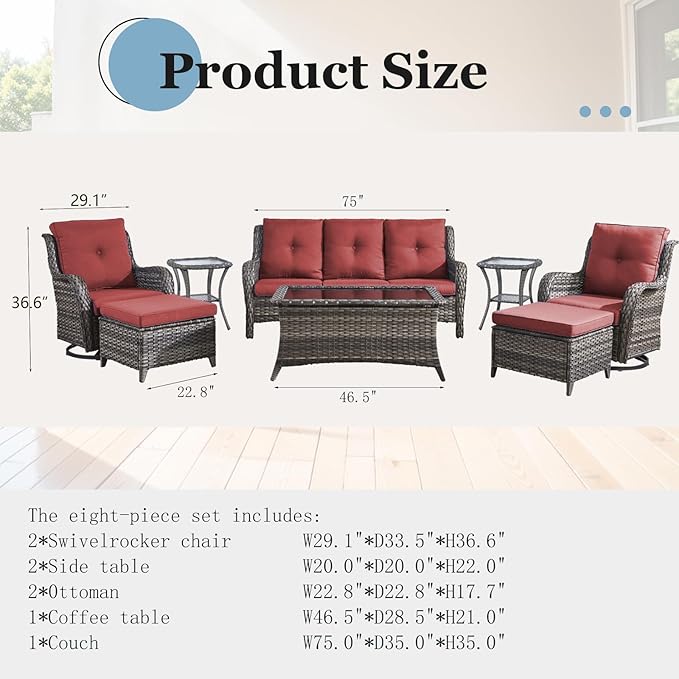 Outdoor Furniture Set：8 PCS Patio Furniture Set with Outdoor Swivel Rocker Patio Chairs, Grey/Red