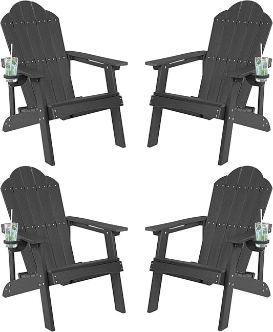 LUE BONA HDPE Adirondack Chairs Set of 4,Plastic Adirondack Chairs with Cup Holder Weather Resistant for Outdoor, Patio, Lawn, Garden, Backyard Deck, Fire Pit, Black