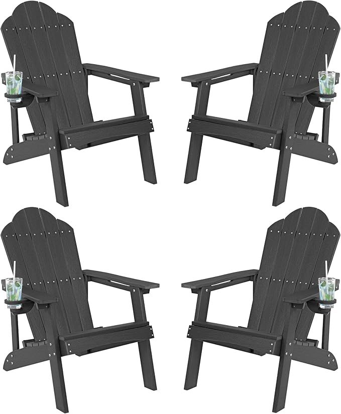 LUE BONA HDPE Adirondack Chairs Set of 2,Plastic Adirondack Chairs with Cup Holder Weather Resistant for Outdoor, Patio, Lawn, Garden, Backyard Deck, Fire Pit, Black