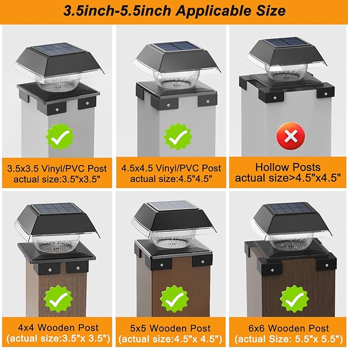 INDARUN 4x4 Solar Post Cap Lights Outdoor Waterproof, Fence Deck Post Solar Lights for 4x4 5x5 6x6 Wooden Posts/4x4 Vinyl Posts, 120Lumen Cool/Warm White, for Porch, Patio, Backyard, Stair(2 Pack)
