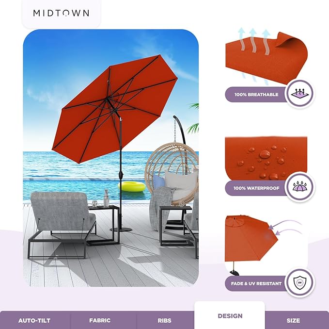 Midtown Umbrellas 10-Year-No-Fade - 6 Ft - UV Proof Red Polyester Fabric - Umbrella Outdoor Patio, Auto-Tilt Aluminum Frame Large Patio Umbrella for Garden, Pool & Deck - Black Pole