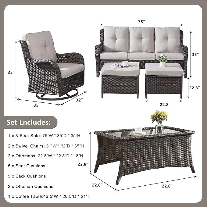 Rilyson 6 Piece Outdoor Patio Furniture Set - Rattan Wicker Patio Conversation Sets with 2 Swivel Rocker Chairs,2 Ottomans,1 Sofa and 1 Coffee Table for Outside Porch Deck Backyard(Brown/Beige)
