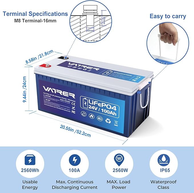 24V 100AH Bluetooth Low Temp Cutoff LiFePO4 Lithium Battery with 2560W, Built-in 100A BMS, 5000+ Cycles Rechargeable Deep Cycle Battery, for Camper, Solar Home and Off-Grid Applications