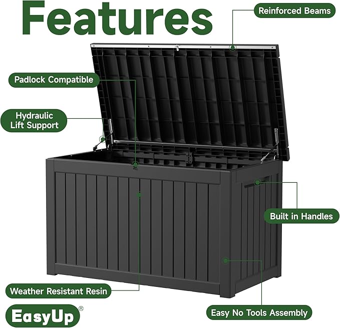 EasyUp 230 Gallon Outdoor Storage Box Waterproof, UV Resistant Resin Deck Box with Hydraulic Rod, Reinforced Stability for Patio, Garden,Striped Black