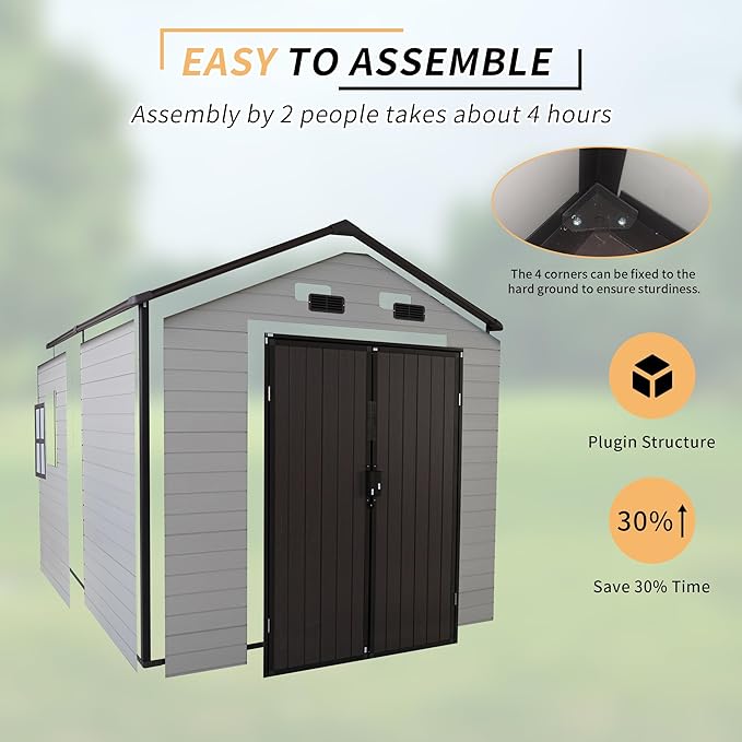 LANTRO JS Outdoor Storage Shed, 8x8x7.6FT Plastic Storage Shed with 2 Windows and Strong Aluminum Frame for Garden Tools, Bike, Lawnmower, White and Brown