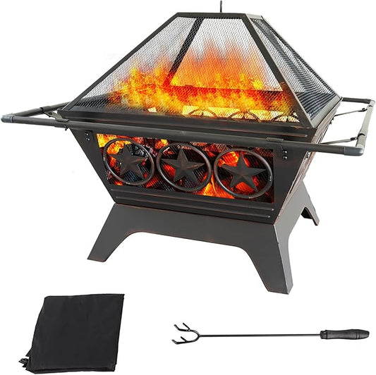 33-Inch Square Fire Pit, Large Metal Fireplace/Firepit with Mesh Lid, Poker, Waterproof Cover
