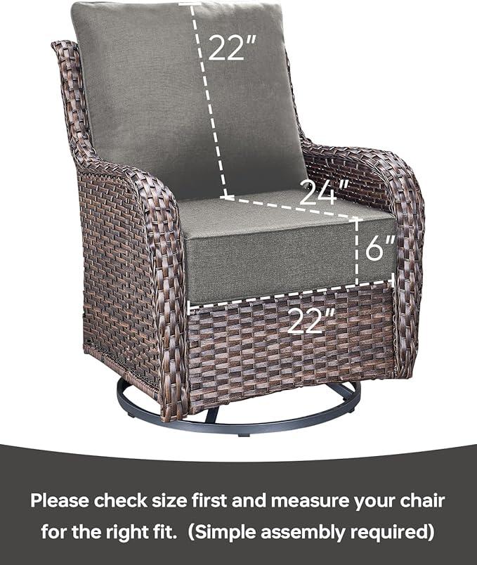 Luxury 22x24/22x25 6-Inch Outdoor Cushions - Water Resistant 1 Set Patio Replacement Seat Cushion for Rattan Mental Wicker Dining Rocking Swivel Chairs Loveseat Couch Sectional Sofa - Grey