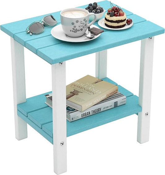 OTSUN Outdoor Side Table, 16 Inch Square Patio Table, All Weather Porch Table for Balcony, Backyard, Lawn, Indoor Outdoor Companion (Aruba Blue & White)