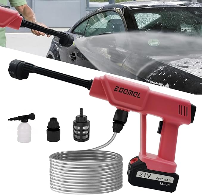 Cordless Pressure Washer,Portable 21V Battery Power Washer for Ladies Women,Electric Pressure Washer Handheld with 6-in-1 Nozzle and Foam Pot,Car Cleaner Gun for Outdoor Floor Garden Wall,Pink