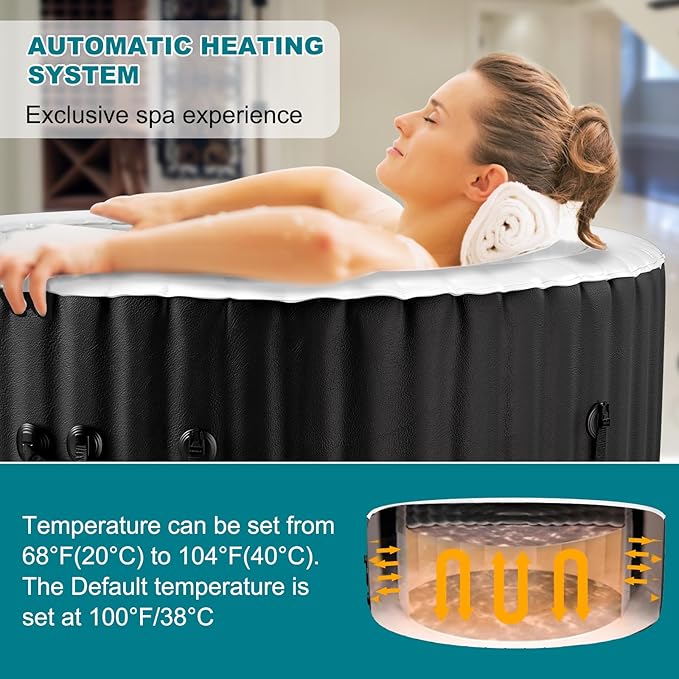 71" X 71" X 25" Hottub, 2-4 Person Inflatable Hot Tub, Portable Blow Up Hot Tub Round Portable Outdoor Spa with 120 Bubble Jets and Heater Pump, Filter