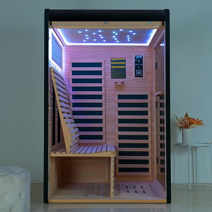 Woodbridge Infrared Home Sauna Room 2 Person Hemlock Wooden Indoor Sauna,7 Carbon 2230W/120V Heaters,with Led Color Therapy Light,Bluetooth Speaker,Tempered Glass,Touch-Tone Keypad and A Top Vent
