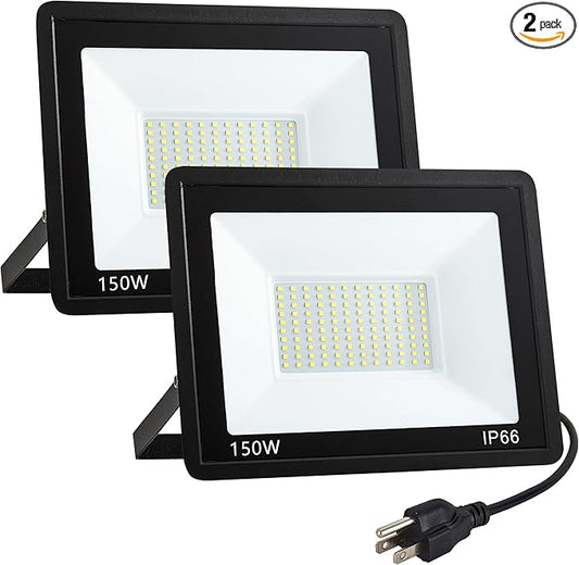 ADYENA 2 Pack 150W LED Flood Lights Outdoor, Plug in LED Work Light, 1500LM Super Bright Outdoor Lights, IP66 Waterproof 6000K Daylight White Floodlights for Garage Yard Garden Playground