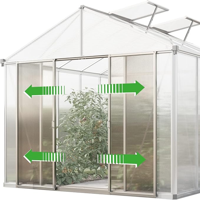 Greenhouse Rubin 7 Aluminum Frame 8.6 x 14.6 ft with Approx. 10 mm Polycarbonate Panels - with 2 Extra Skylights and 2 Automatic Window Openers
