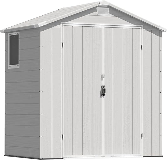 Greesum 6x4FT Plastic Outdoor Storage Shed with Floor, Resin Sheds with Lockable Double Door, Window & Vents, All-Weather Tool Sheds for Garden, Backyard, Patio, Light Gray