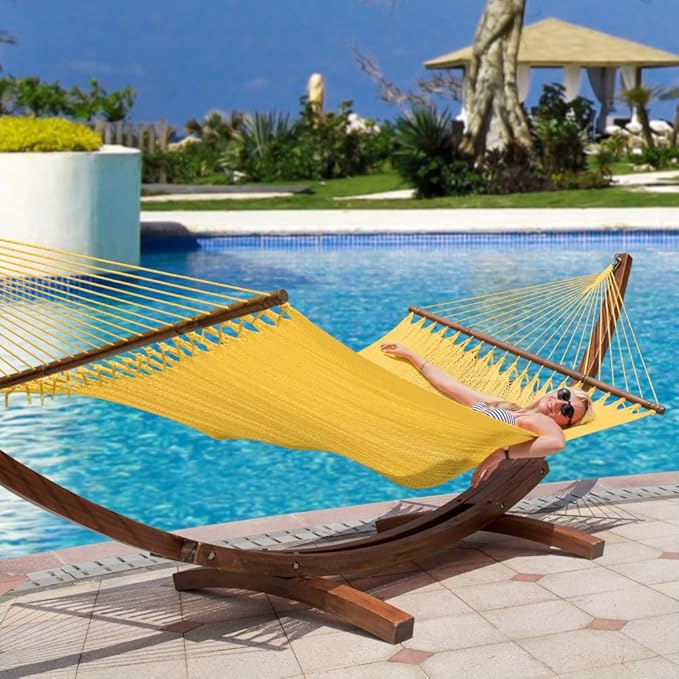Lazy Daze Hammocks 10.5 FT Double 2 Person Caribbean Rope Hammock, Hand Woven Polyester Hammock with Spreader Bars, for Outside Outdoor Backyard Patio Poolside,450 LBS Capacity, Yellow