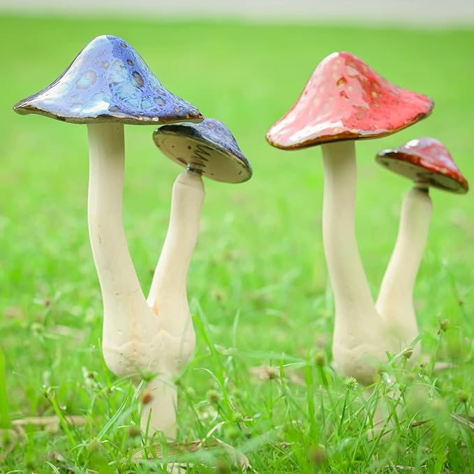 Mushroom Yard Decor - 2pcs Ceramic Mushroom Statue for Garden, Fairy Garden Stakes Ceramic Lawn Ornament Decor Plants Stake