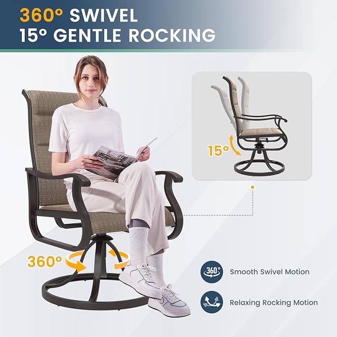 Amopatio Padded Patio Swivel Chairs Set of 6, Outdoor Dining Chairs with Ultra Soft Textilene High Back Seat & Metal Rocker Frame, for Backyard Deck Lawn Garden, Brown
