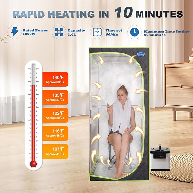 Portable Sauna Box, Portable Steam Sauna for Home with 2.6L 1000W Steamer, 15 Levels, Folding Chair, Extra Large Size (31.5 x 31.5 x 68.9 inch)