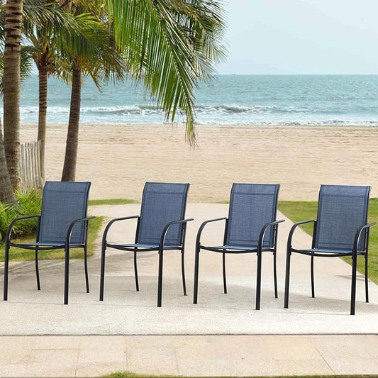 Outdoor Dining Chairs Set of 4, Stackable Patio Chairs with Textilene Fabric, Lightweight Garden Chairs for Poolside, Backyard, Camping, Light Blue