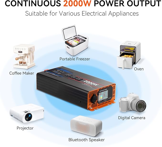 2000W Pure Sine Wave Inverter, Car Power Inverter 12V to 110V 120V, DC to AC Converter Generator with AC Outlets 3.0A USB Type-C, Remote Controller LCD Display Truck Inversor for Vehicles, RV