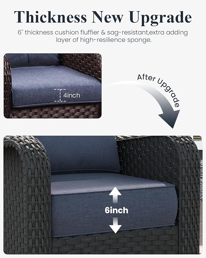 LayinSun 7 Piece Wicker Outdoor Furniture Set with 6-inch Comfy Cushions, High Back Patio Furniture Set with Swivel Rocking Chairs and Fire Pit Table