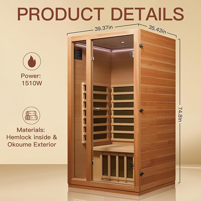 1 Person Far Infrared Sauna for Home, Low EMF Sauna Heater, Chromotherapy Lighting, Premium Wood Home Sauna for Meditation and at Home Spa Relaxation, 1510W/120V (1 Person)
