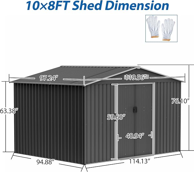 10X8 FT Outdoor Storage Shed, Lockable Doors, Tool Shed for Garden, Patio, Backyard, Lawn, Grey