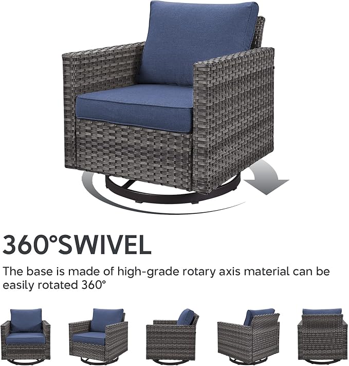 Outdoor Swivel Rocker Chairs - 5 Piece Patio Bistro Set Wicker Patio Rocking Chairs Set with Side Table and Ottomans, 360° Swivel Glider Proch Furniture for Balcony Deck - Grey/Blue