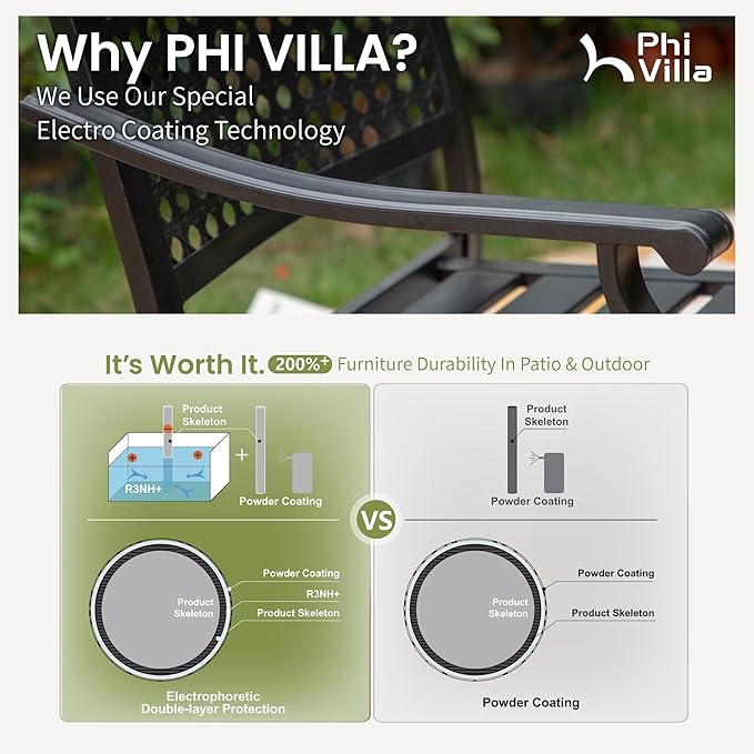 PHI VILLA 7 Pieces Patio Dining Set for 6, 65” Wood-Like Metal Steel Dining Table & Stackable Iron Dining Chairs, Large Dining Furniture Set for Outdoor Deck, Yard, Porch