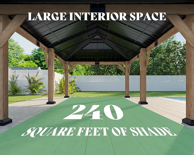 AMERLIFE 12x20 ft Hardtop Gazebo, Spruce Wood Gazebo with Iron Double Roof, Outdoor Pergola with Wood Frame for Garden, Porch, Patio, Charcoal Gray + Brown Gray