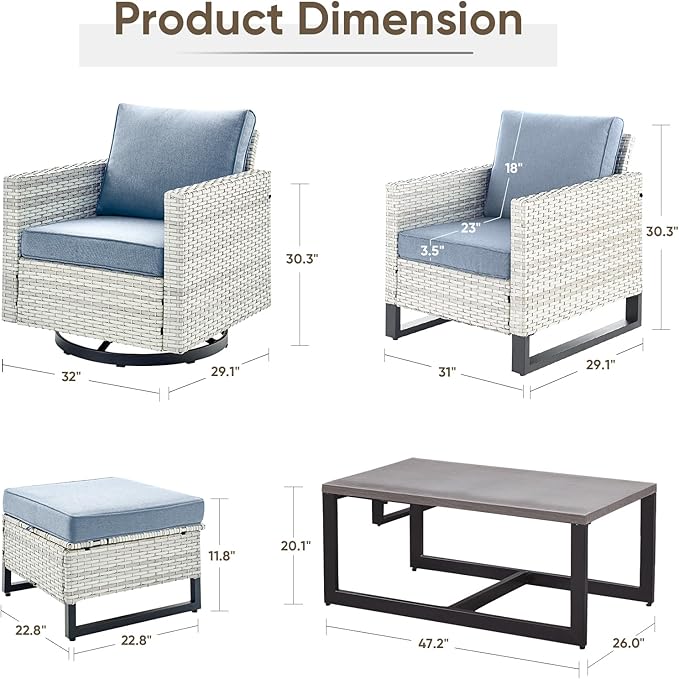 Wicker Patio Furniture Set：7 Piece Outdoor Patio Furniture Set with 2 Swivel Patio Chairs 2 Single Chairs a Coffee Table and 2 Ottomans, Light Grey Wicker/Light Blue Cushion